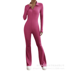 dream clothes Women's Long-Sleeved Zipper Jumpsuit Shirt Collar Hip Lifting Slim-Fit Sexy Flared Trousers Jumpsuit
