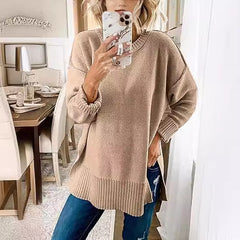 fall outfits women Sweater Women's Hot Sale 2024 Casual round Neck Side Slit Pullover Sweater Loose Long Sleeve Pullover Top