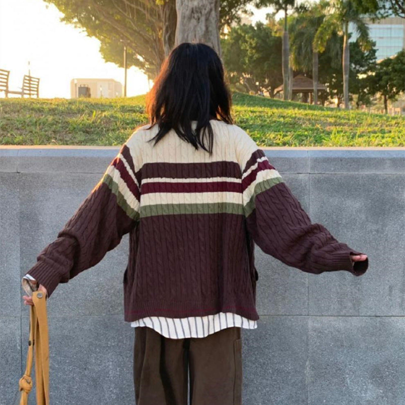 college outfits Soft Glutinous Vintage Twist Striped Zipper Sweater Cardigan Women's Autumn Loose Long Sleeve Lapel Sweater Coat