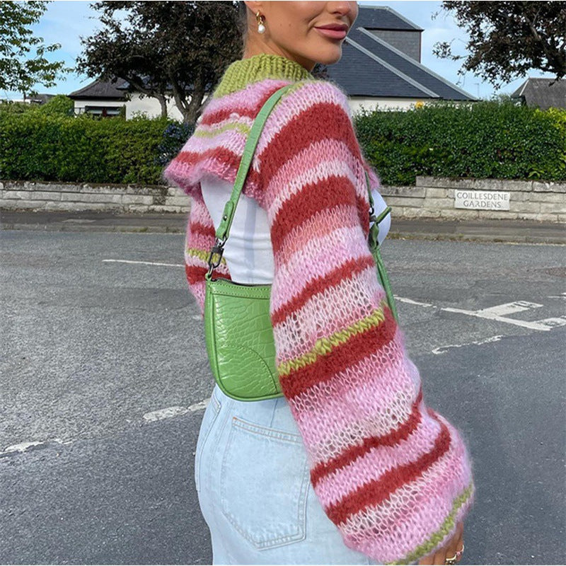 trio halloween costumes Women's Autumn and Winter New Color Striped Top Blouse Temperament Short Long Sleeve Sweater