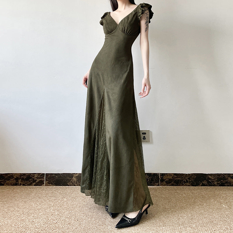 prom dresses Mori Vintage Lace Stitching See-through V-neck Dress Summer American Fashion Small Flying Sleeve Dress