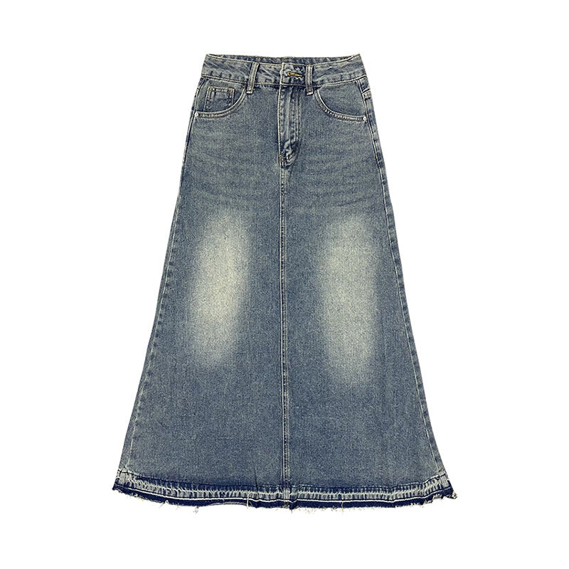 90s fashion Autumn New Women's Retro Frayed Denim Skirt High Waist Slimming A- line Large Swing Dress Sexy