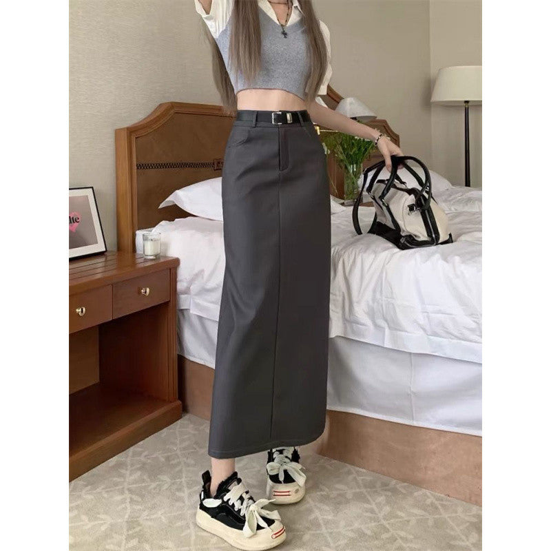 business casual outfits Gray A- line Skirt for Women plus Size Chubby Girl High Waist Slimming Mid-Length Suit Skirt for Summer