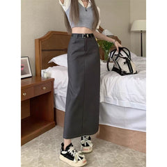business casual outfits Gray A- line Skirt for Women plus Size Chubby Girl High Waist Slimming Mid-Length Suit Skirt for Summer