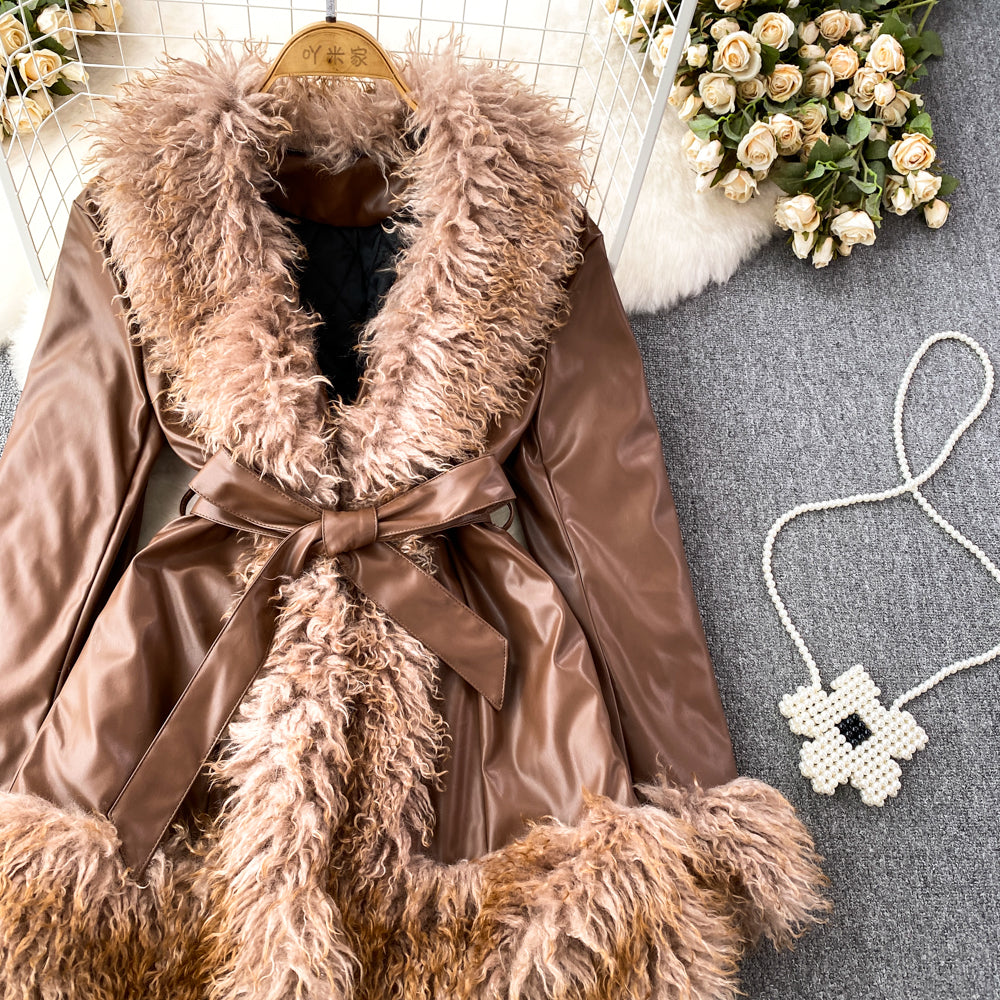 fall trends 2024 outfits Fur Integrated Retro Motorcycle Jacket Women's Autumn and Winter Loose Mid-Length Lace-up Thickened Fur Collar Jacket Top