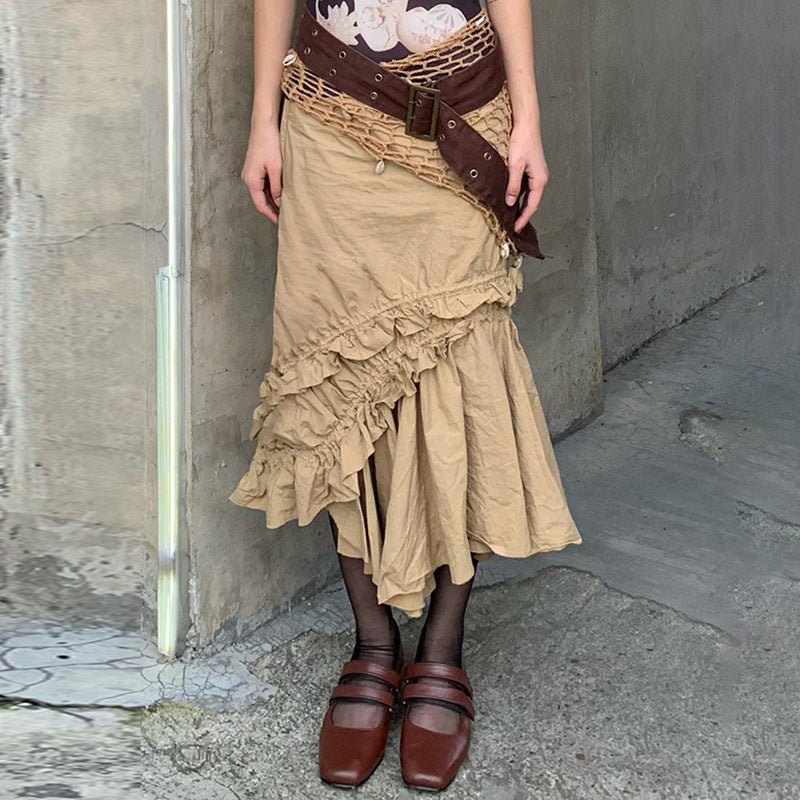 fbi agent costume American-Style Retro Irregular Pleated Skirt Autumn Multi-Layer Ruffled High Waist Woven Skirt for Women