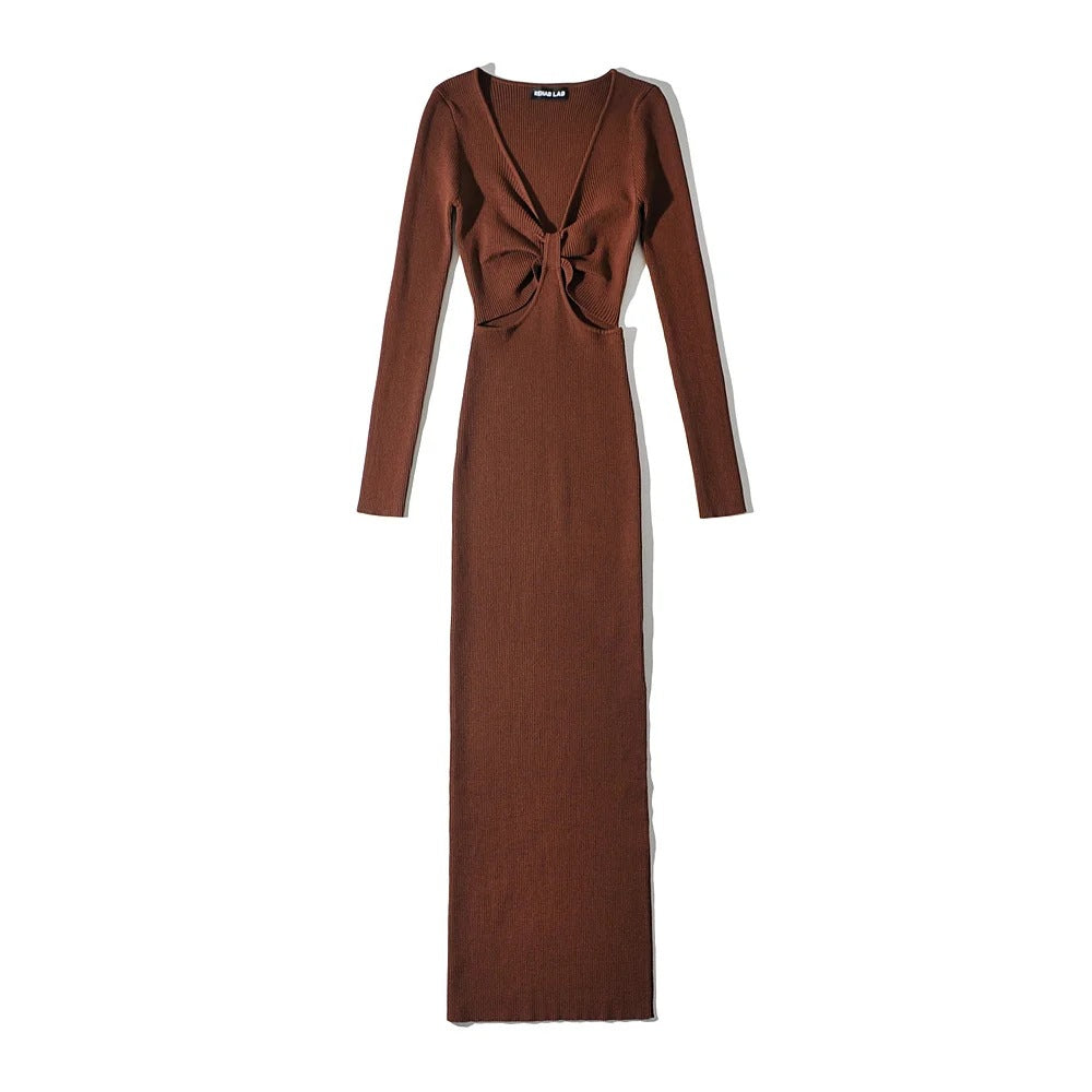 outfit inspo Hot Girl Spring and Autumn Sexy French Ins Slim-Fit Sheath Knitted Hollow Sweater Dress Deep V Twisted Split Dress