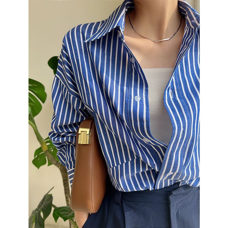 guys fits Blue Striped Shirt for Women Spring and Autumn Niche Loose Temperament Chic Shirt New Early Spring Top