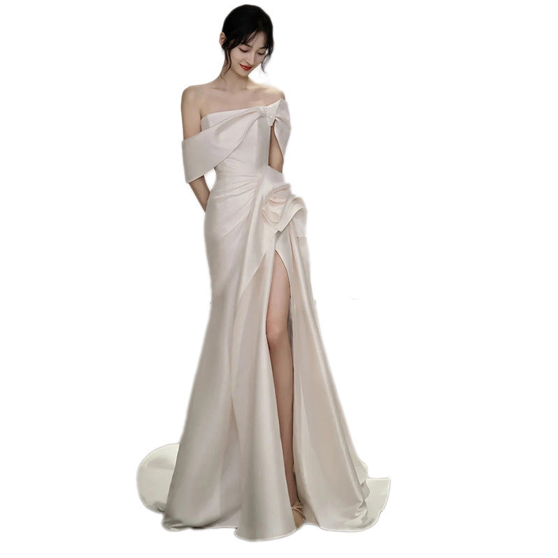 off shoulder Light Wedding Dress Summer New Bridal Satin French Simple Elegant Travel Tail Dress