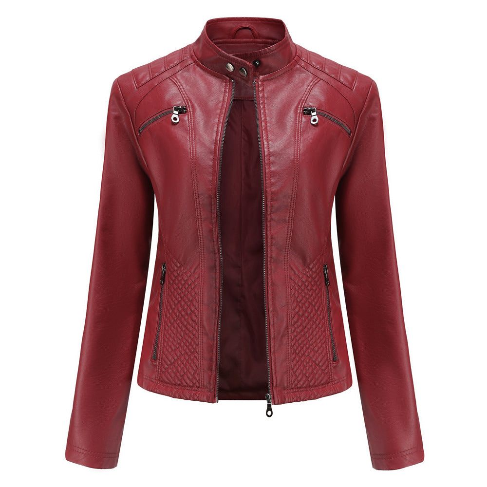 2000s fashion New Women's Casual Leather Jacket Stand Collar Jacket Slim Coat Women's Spring and Autumn Solid Color Women's Leather Jacket