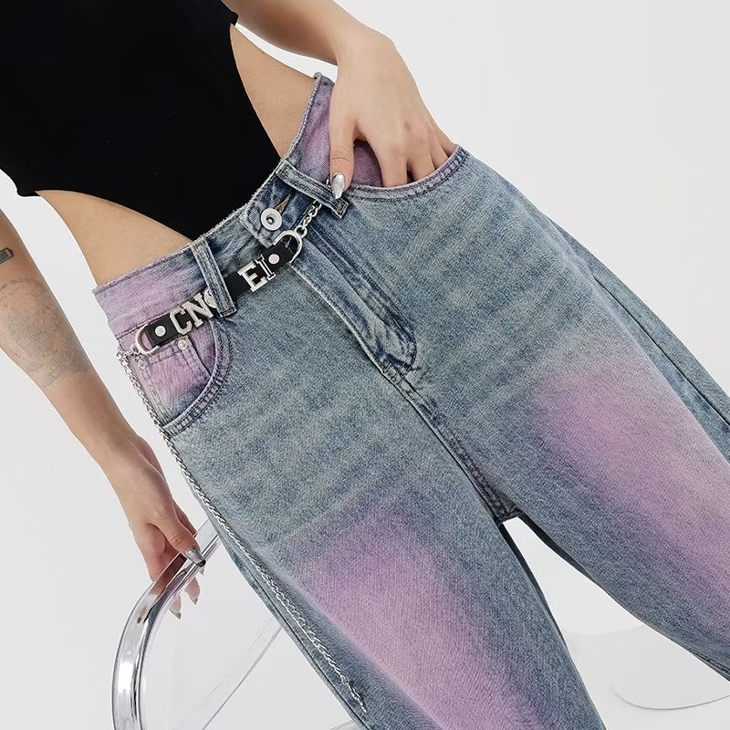 dream clothes American-Style High Street Washed Vintage Jeans Women's Summer New High-Grade Spray-Dyed Graffiti Straight Wide-Leg Mop Pants