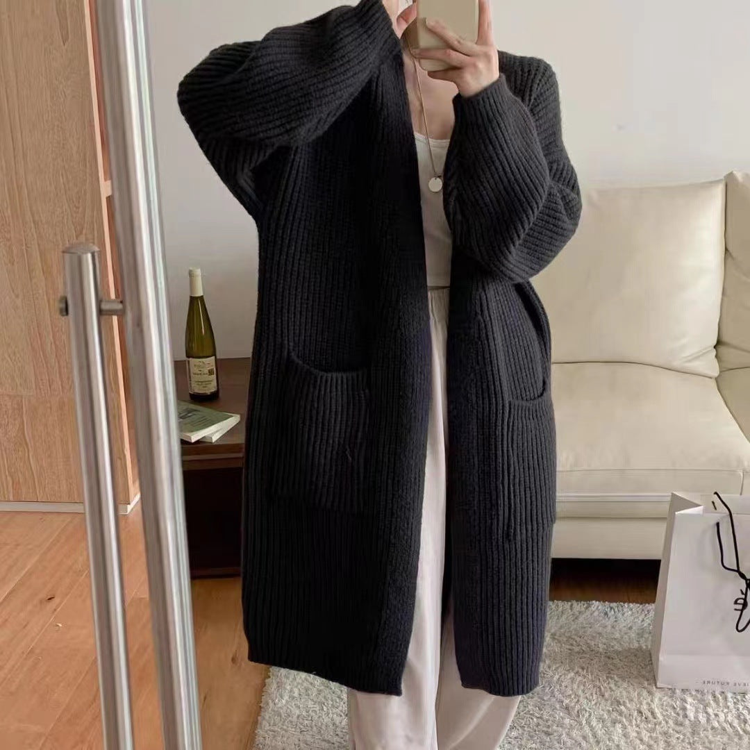 fall outfits Solid Color Knitted Cardigan Women's Autumn and Winter Loose Temperament V-neck Lazy Style Mid-Length over-the-Knee Sweater Coat Fashion