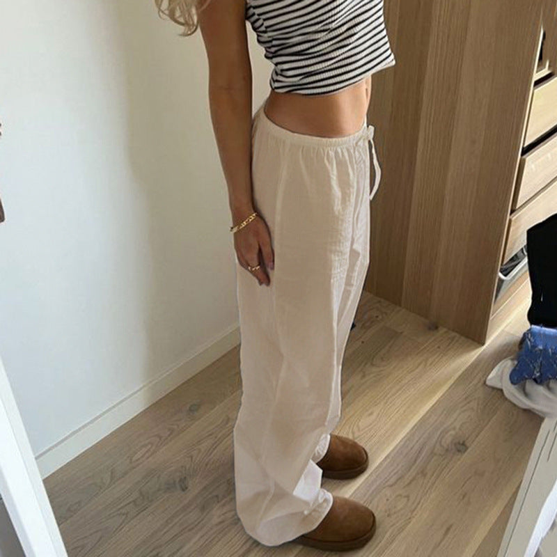 Bxoxo Cotton Linen White Pants Basic Drawstring Low Waist Wide Leg Pants Casual Y2K Clothes For Summer Trousers
