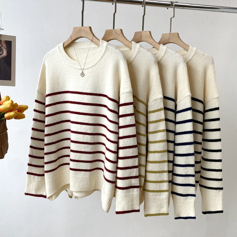 style Autumn and Winter New Korean Style round Neck Striped Sweater Glutinous Rice Velvet Skin-Friendly Anti-Pilling Loose Lazy Top