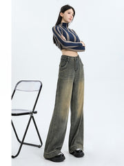 90s fashion men Distressed Cement Yellow Wide-Leg Jeans Women's American-Style Retro Retro High Waist Slimming Straight Loose Draping Mop Pants