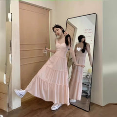 church outfit Pink Strap Dress Women's Summer New Tight Waist Skirt Small French Gentle Style A- line Dress Long Skirt