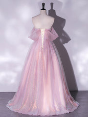 BXOXO DRESS TO IMPRESS A-Line Sweetheart Neck Tulle Sequin Pink Long Prom Dress, Pink Tulle Formal Dress