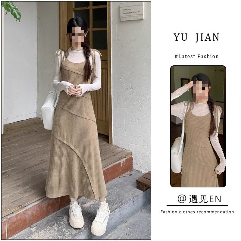 church outfit Suit Women's 2024 Early Autumn New Gentle Style Sling Dress Waist Slimming Elegant Dress Slim Bottoming Shirt