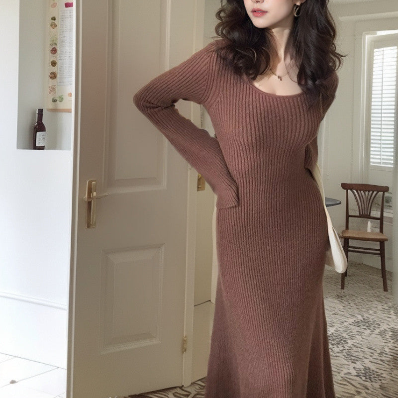 fashion outfits Hong Kong Style Retro French Bell Sleeve round Neck Knitted Dress Women's Autumn Bottoming Dress Unique Super Nice Niche