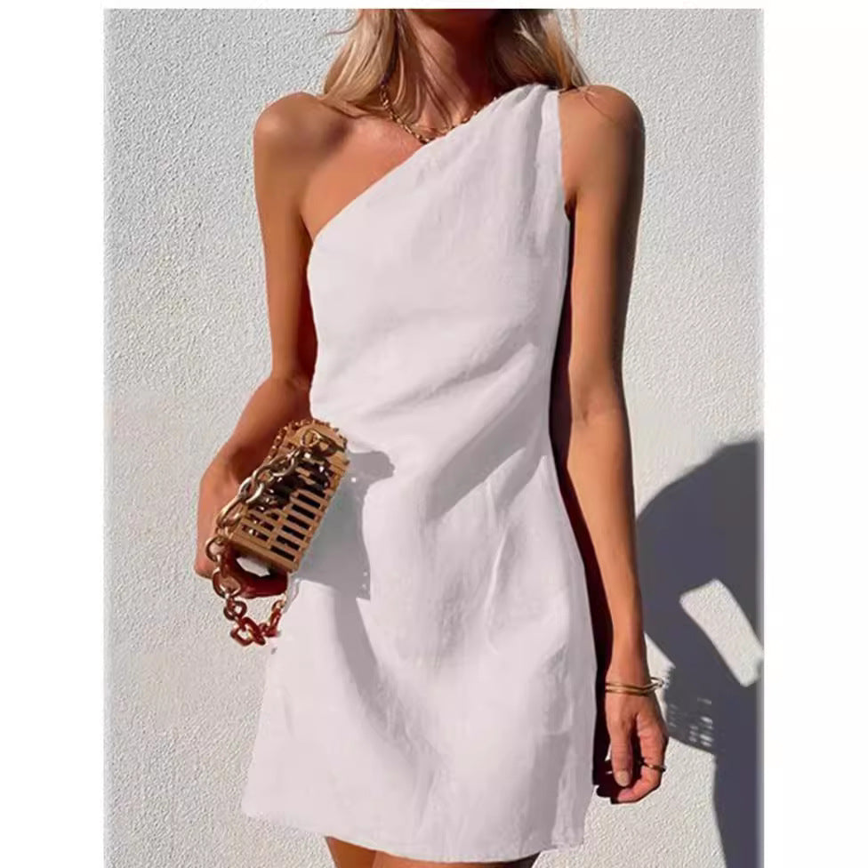 casual summer outfits Wishl New Women's Clothing New Solid Color Slim Temperament Commuter Shoulder Dress