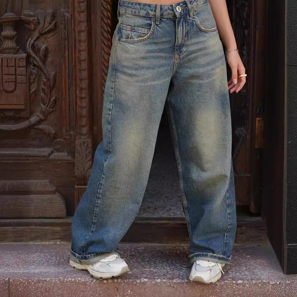 concert outfit American Retro Hot Girl Jeans High Street Low Waist Distressed Oversize Wide Leg Drape Mop Long Pants Trendy Women