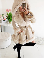 Women's Long-Sleeved Warm Solid Color Lace-up Belt Fur Stitching Ruffled Hooded Jacket