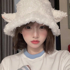 lolíta fashion dress to impress Hat Female Winter Cute Cartoon Lamb Ears Fisherman Hat All-Match Warm Lamb Plush Ear Protection Basin Hat