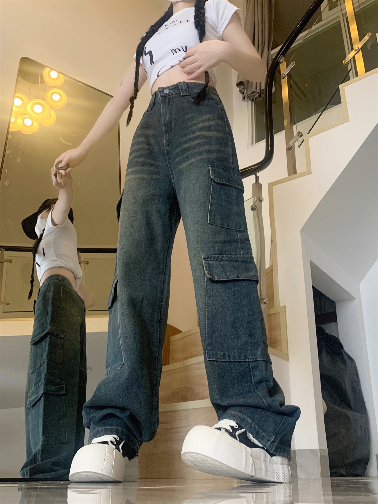 dress to impress outfits Distressed Overalls Low Waist Jeans Women's Autumn Trousers Small Loose Straight Wide Leg Mopping Pants