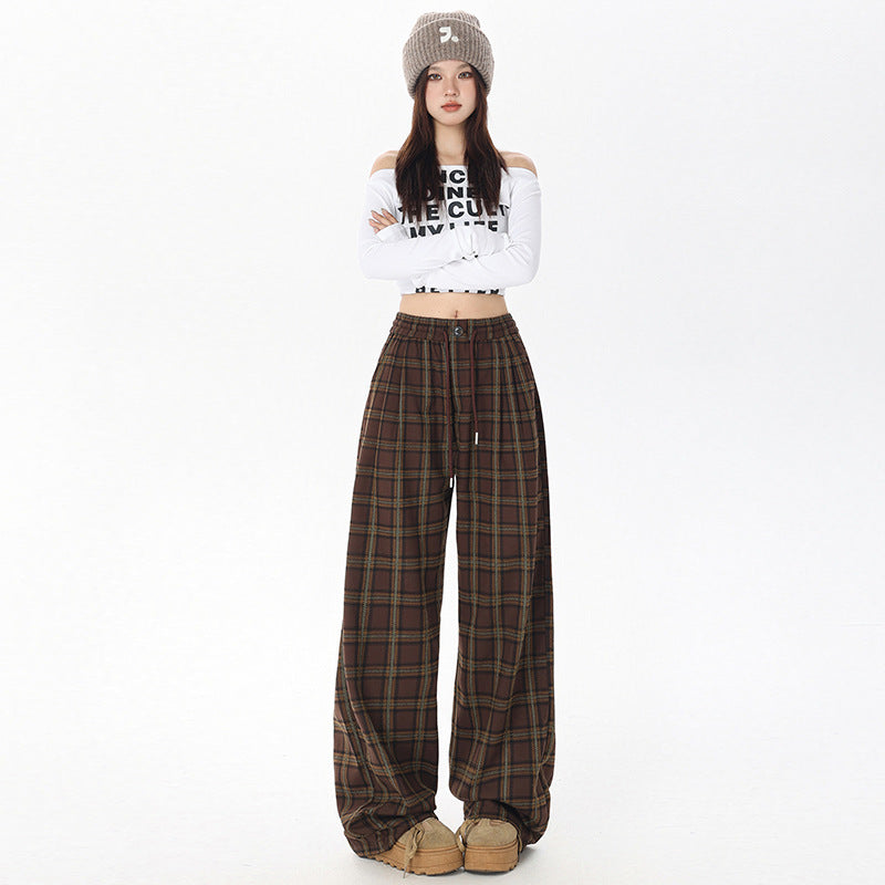 dream clothes Lazy Plaid Wide-Leg Casual Pants for Women Autumn High Waist Slimming Drawstring Fashionable Straight Pants