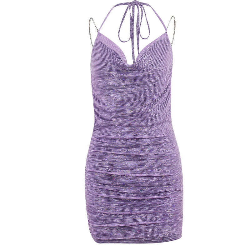 jester dress to impress Diamond Chain Halter Collar Sexy Backless Dress Pleated Slimming Hot Girl Skirt