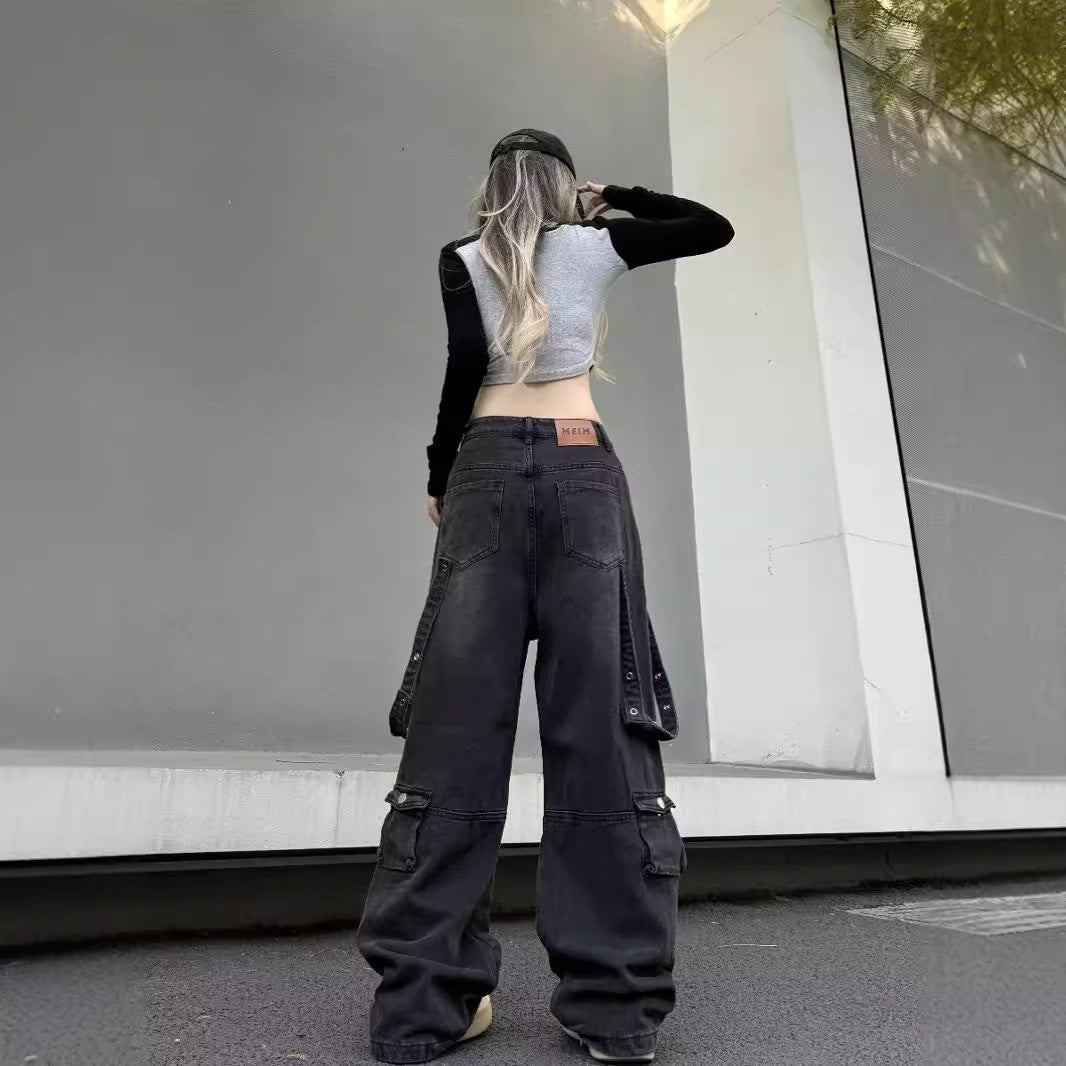 fashion outfits American Retro High Street Multi-Pocket Workwear Jeans Men's and Women's Oversize Hip Hop Draping Pants Ins Fashion