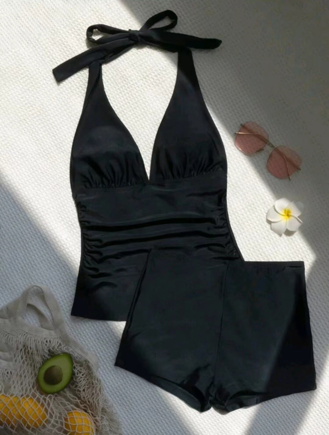 2000s fashion Swimsuit Solid Color Split High Waist Boxers Halter Backless Tankini Swimsuit