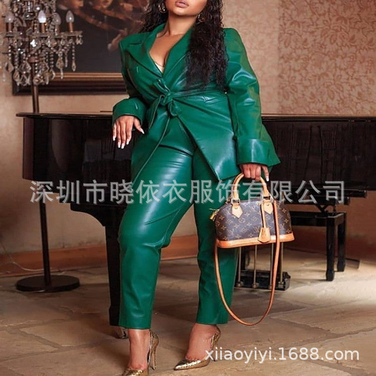 joker costume female outfit Fashionable Commuter plus Size Fashionable Leather Lace-up Blazer Pants Suit
