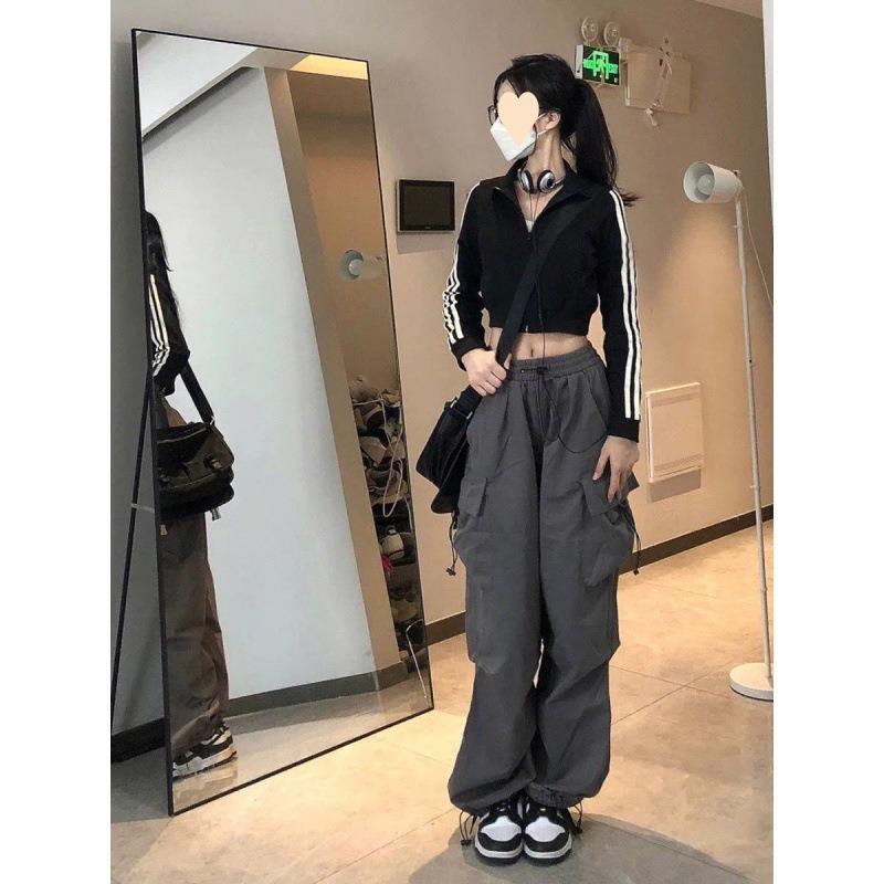 leapord halloween outfit Casual Overalls American Retro Hip Hop Women's Straight Loose High Waist Slimming Multi-Pocket Sports Casual Pants