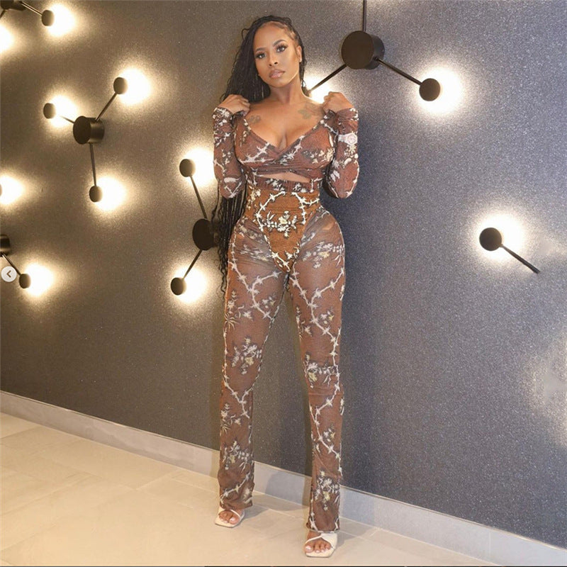 2000s fashion Autumn Women's New Sexy Mesh See-through Print Slim-Fit Long-Sleeved Top Casual Trousers Suit