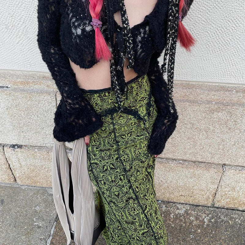 fall outfits women Vintage Printed Reverse Lace Irregular Elastic Waist Slim Fishtail Long Skirt