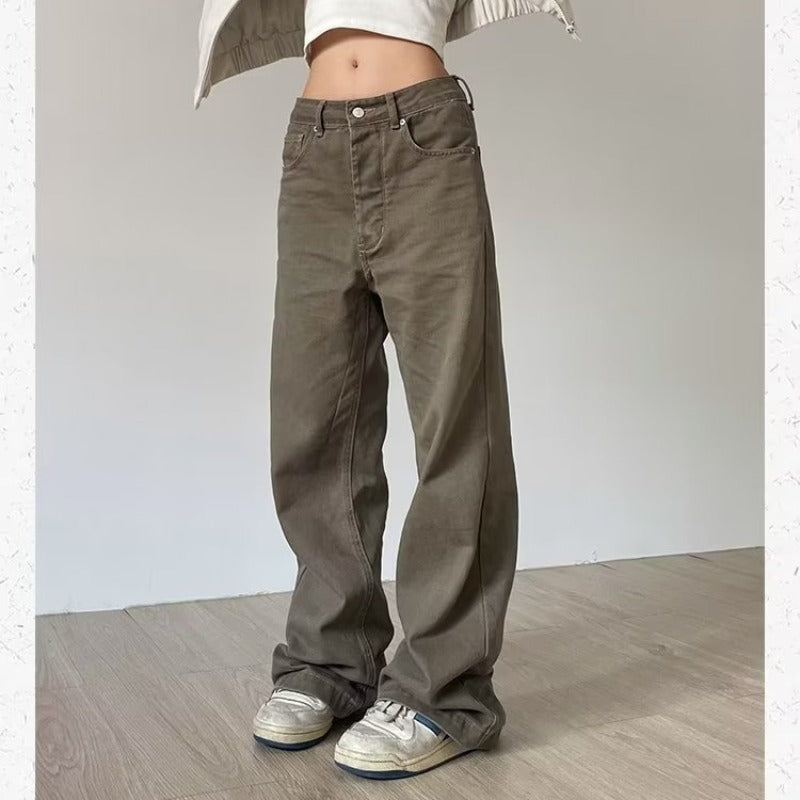 mens winter fashion American Retro Washed Brown Straight Casual Pants Men's and Women's Logging Simple All-Match Loose Pants Spring and Autumn Cow