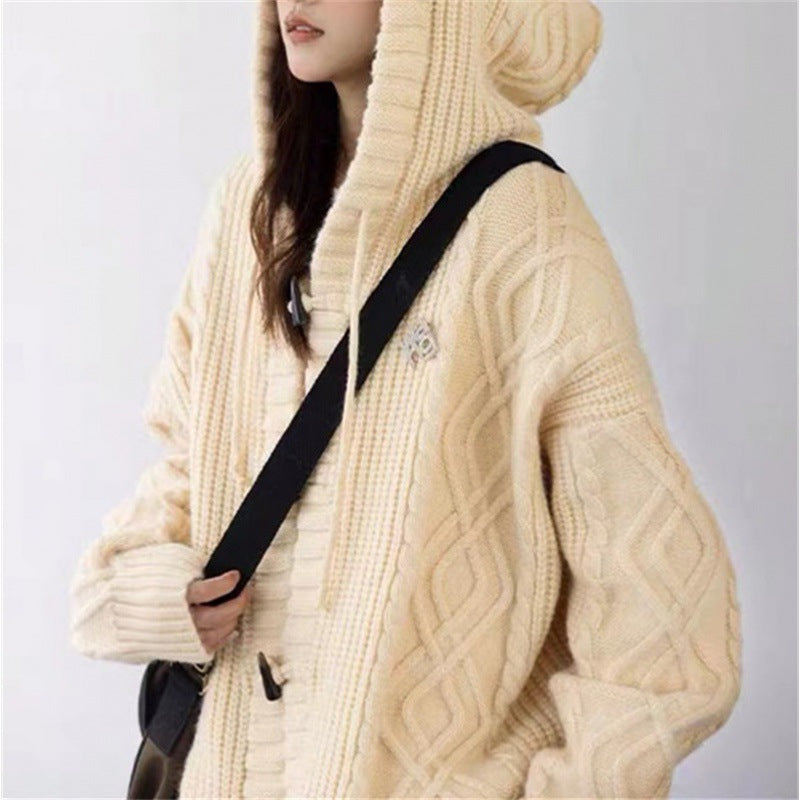 outfit inspo Retro Green Horn Buckle Twist Sweater Coat for Women Spring and Autumn Loose Lazy Hooded Knitted Cardigan Thickened Upper