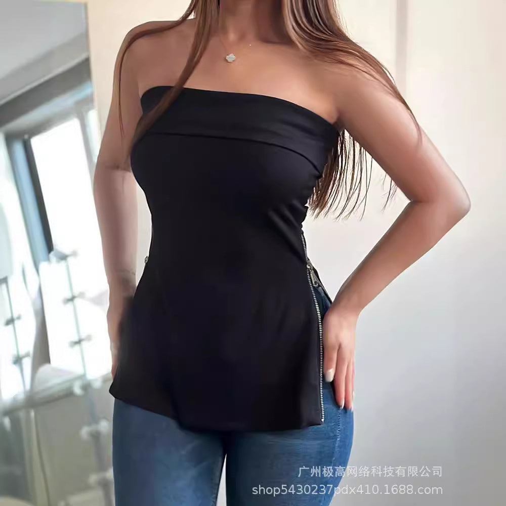 going out outfits Women's New White Apricot Sexy Side Slit Tube Top