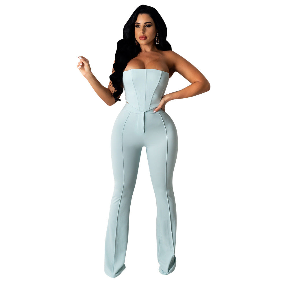 outfit New Sexy Tube Top off-Shoulder Bright Line Decoration Slim Flared Pants Nightclub Suit