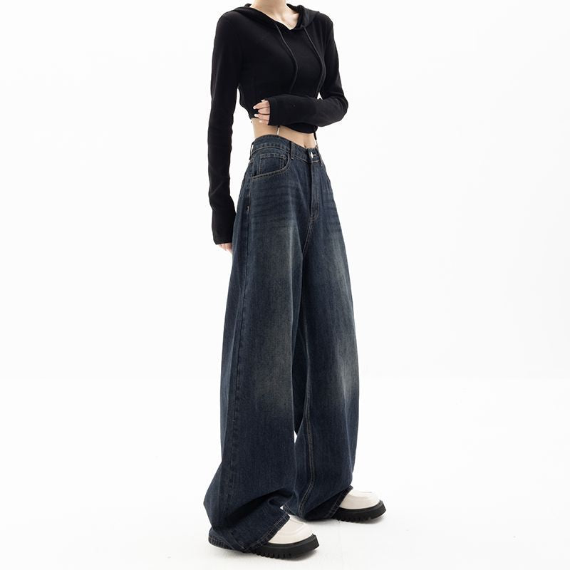 picture day outfit American Retro Street Wide-Leg Pants Design Sense Niche Blue Mopping Pants High Waist Loose High Waist Jeans for Women