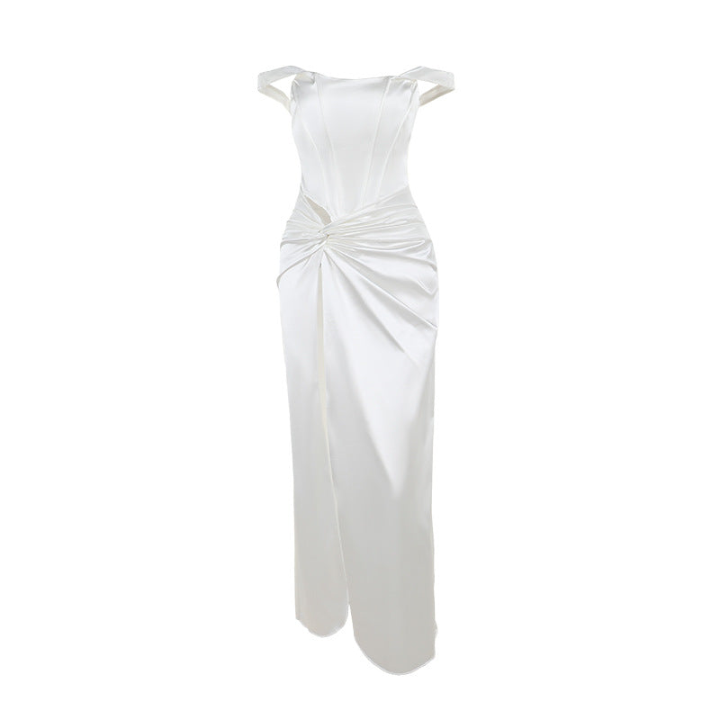 prom dresses Summer New Socialite Style Elegant Waist-Tight Twisted Split Satin Long Dress Women