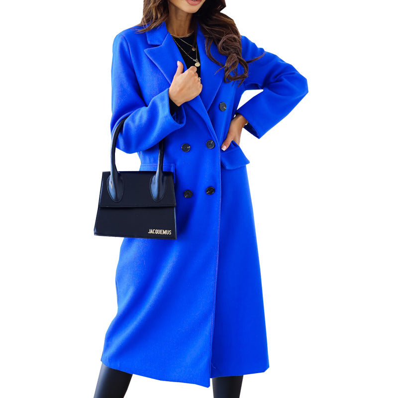 Autumn and Winter New Women's Simple Double-Breasted Long-Sleeved Lapel Button Woolen Coat