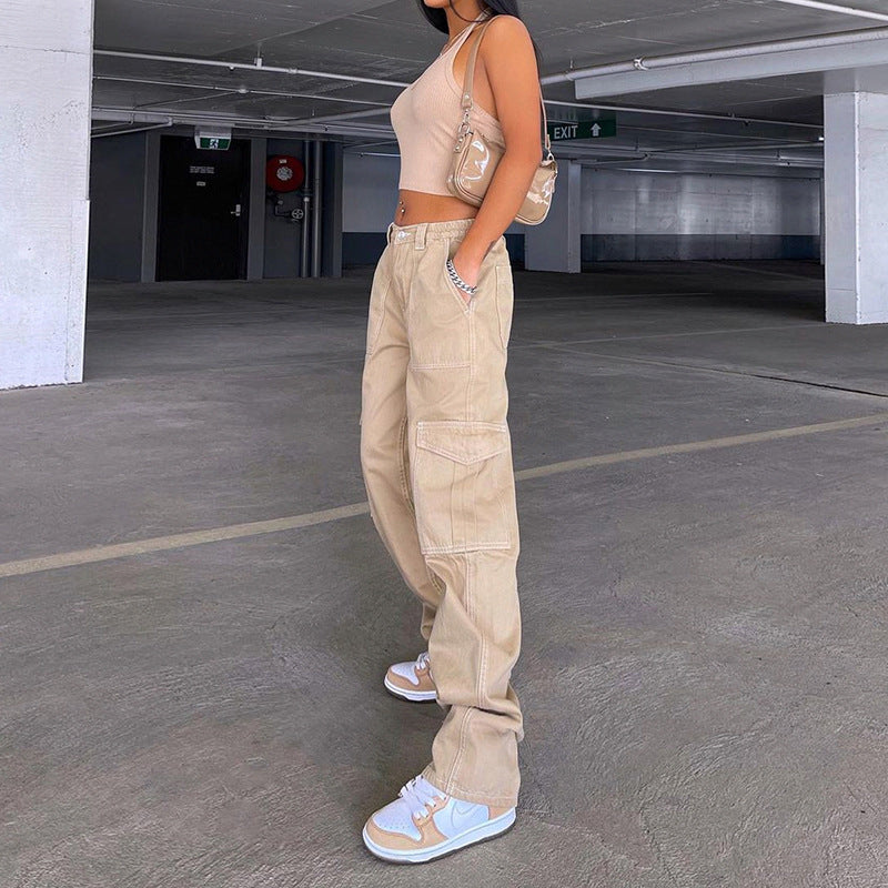 college outfits Women's Street Fashion Multi-Pocket Workwear Straight Trousers High Waist Slimming Loose Khaki Jeans for Women