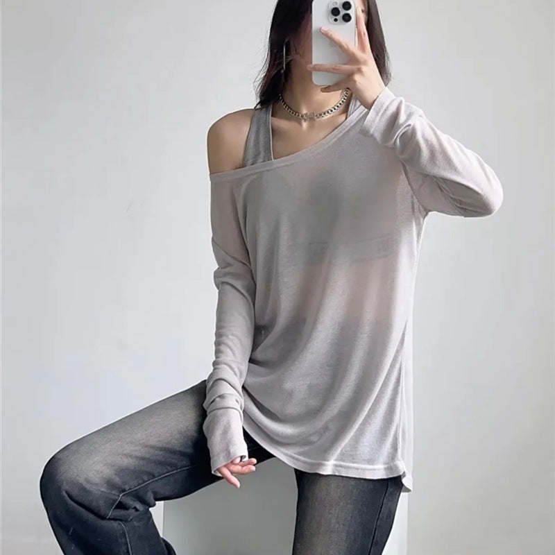 2000s fashion Wind Micro Revealed Shoulder Width Loose Long-Sleeved T-shirt Summer Fashion Comfortable All-Match Pullover Blouse Dance Top for Women