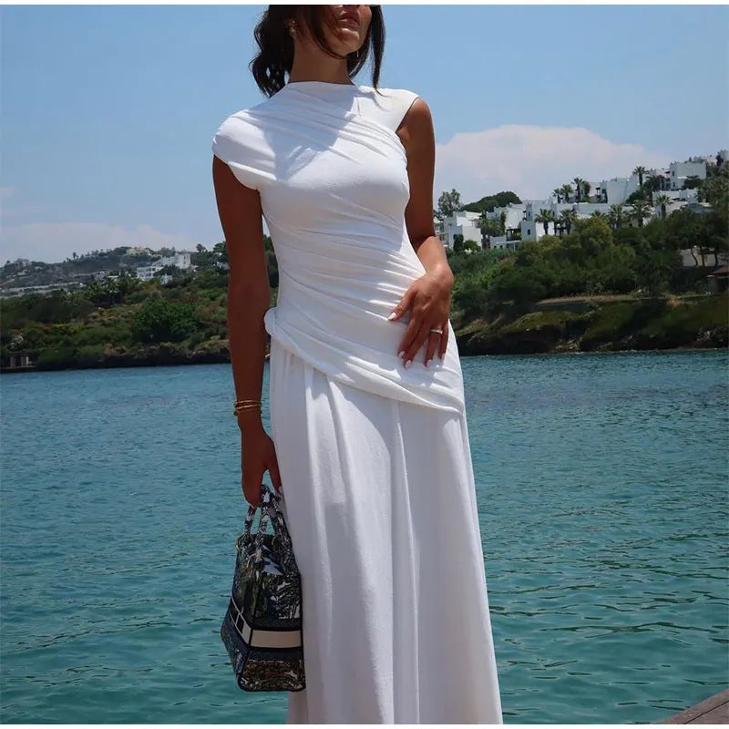 men’s fashion Summer off-Neck Sleeveless Stitching Pleated High Waist Slim Fit Dress Temperament Commuter