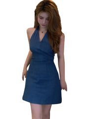 90s fashion New Hong Kong Style Retro V-neck Sleeveless Backless Halter Small Denim Dress Fashion