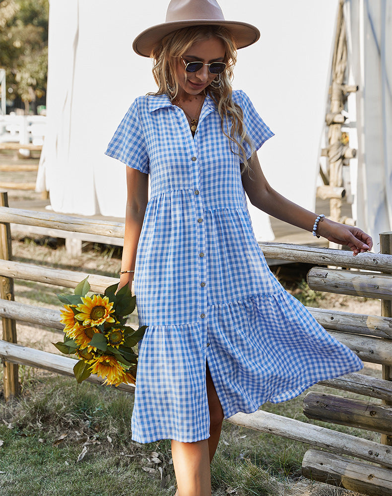 dorothy costume Summer New Women's Clothing Plaid Dress Shirt Collar Casual Skirt Manufacturer
