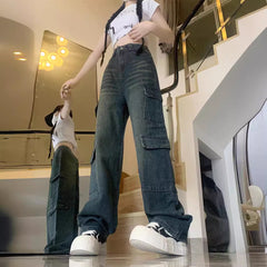 dress to impress outfits Distressed Overalls Low Waist Jeans Women's Autumn Trousers Small Loose Straight Wide Leg Mopping Pants