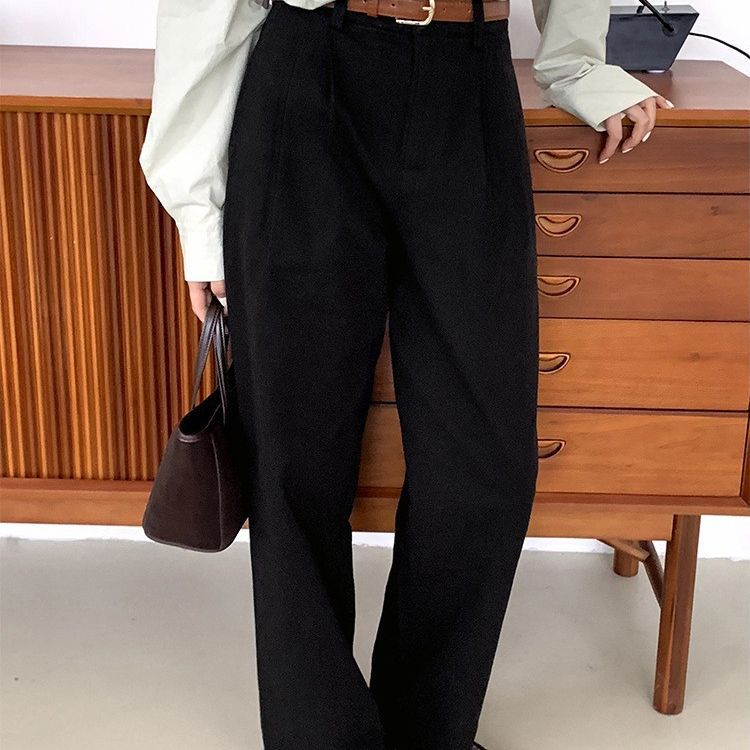 2000s fashion French Retro Khaki Straight Suit Pants Women's Spring and Autumn High Waist Korean Style Slimming Cover Chic Casual Long Pants